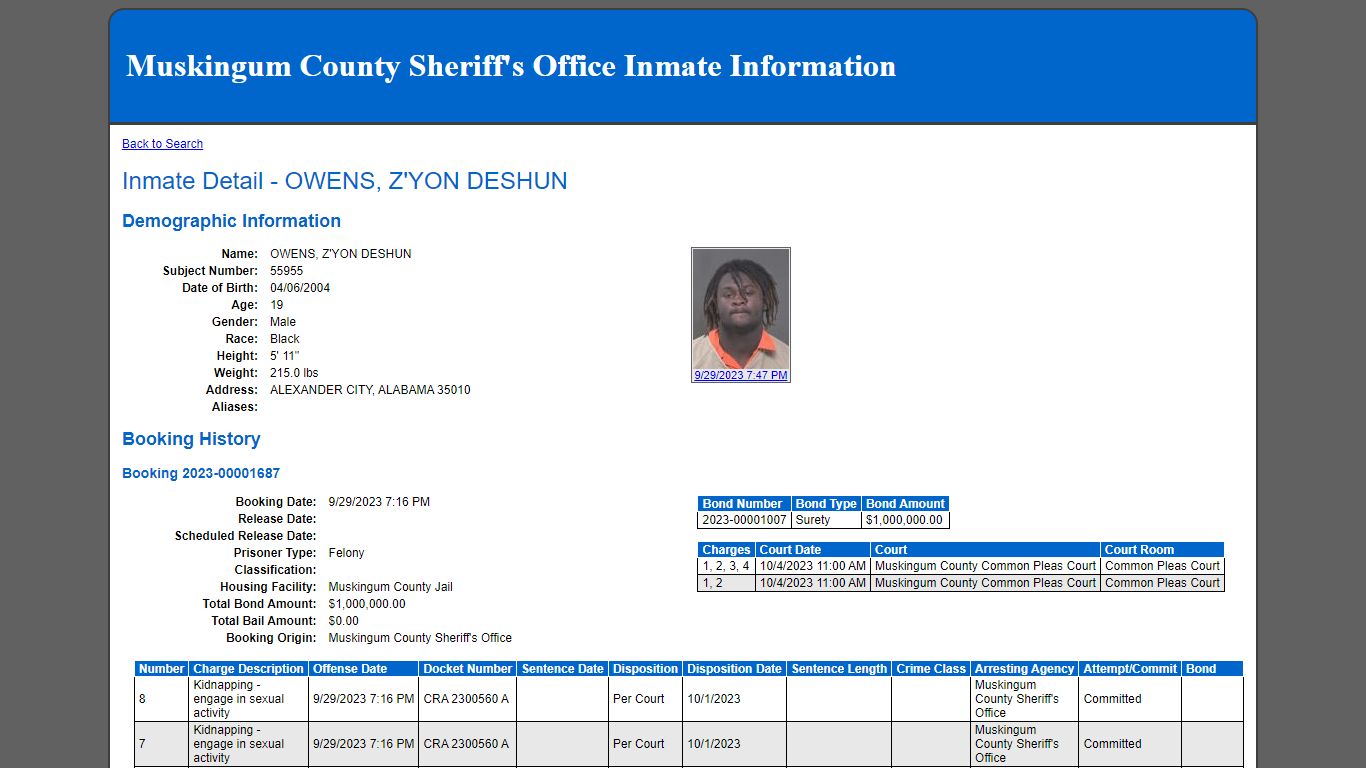 Inmate Detail - OWENS, Z'YON DESHUN
